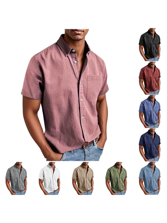 2 Pack Mens Big & Tall Shirts with Pocket S-5X Plus Size Short Sleeve T-Shirts Button-Down Collared Solid Color Sueded Tshirts Shirt