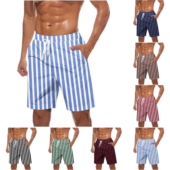 2 Pack Mens Big & Tall Shorts Plus Size Straight Leg Striped Drawstring Elastic Waisted Summer Beach Bermuda Short with Pockets S-5X