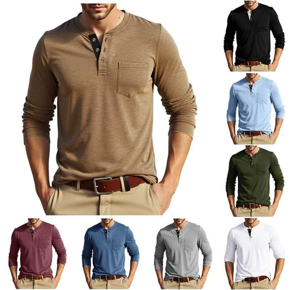 2 Pack Mens Button Crewneck T Shirts with Pocket Long Sleeve Tees Tops Casual Solid Color Pullover Comfort Basic Loungewear Work Tees Tops