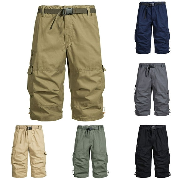 2 Pack Mens Capris Cargo Pants Big & Tall M-5X Plus Size Straight Leg Trousers with Multi-Pockets and Belts Elastic Waist Solid Hiking Cropped Pant