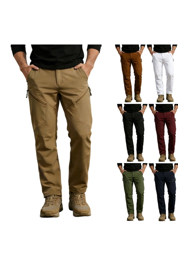 2 Pack Mens Cargo Pants with Zipper Pockets Straight Leg Elastic Mid Waisted Trousers Classic Solid Color Windbreaker Relaxed Athletic Sports Tactical-Pant