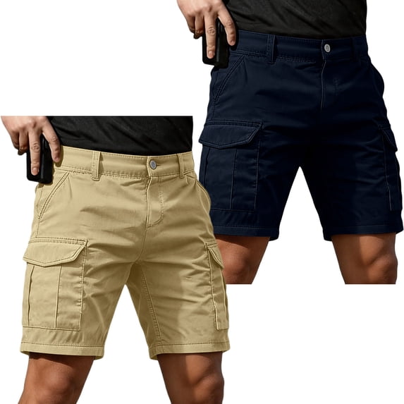 2 Pack Mens Cargo Shorts Casual Elastic Waist Twill Work Shorts Vintage Classic Relaxed Fit Hiking Tactical Short Pants with Multi Pockets Beige L