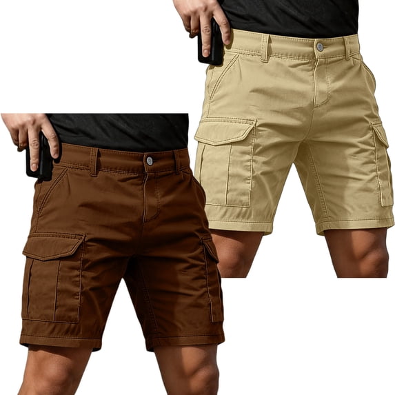 2 Pack Mens Cargo Shorts Casual Elastic Waist Twill Work Shorts Vintage Classic Relaxed Fit Hiking Tactical Short Pants with Multi Pockets Coffee 2XL