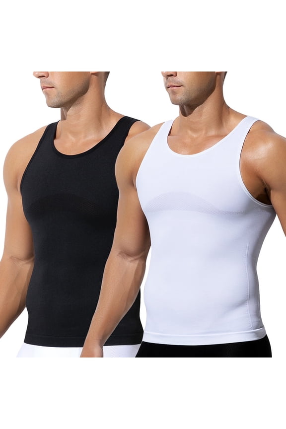 2 Pack Mens Compression Shirts Slimming Shapewear Body Shaper Vest Tummy Control Tank Top Gynecomastia Undershirt