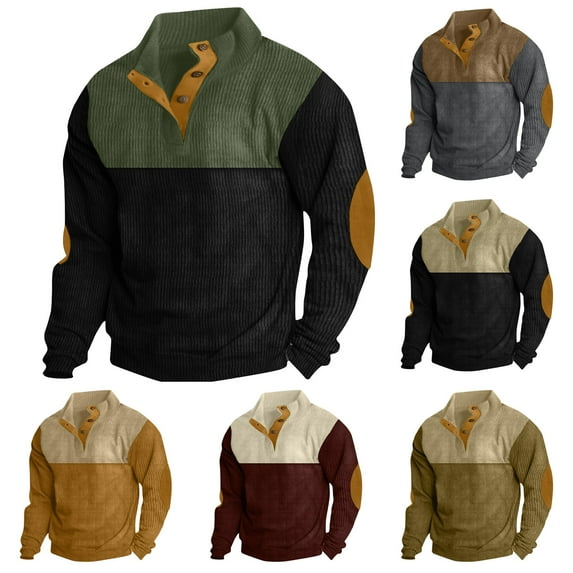 2 Pack Mens Corduroy-Sweatshirts with Button Stand Collar Long Sleeve Shirts Vintage Color Block Pullover Warm Athletic Workout Sweatshirt Tops