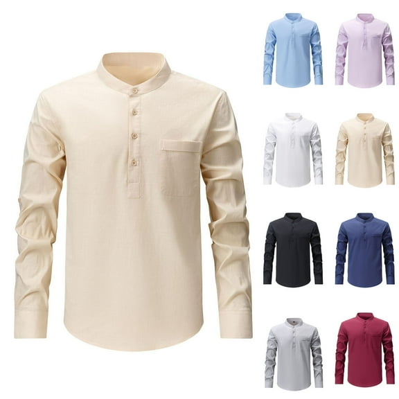 2 Pack Mens Cotton Blend Shirts Long Sleeve Button Stand Collared Tshirts Shirt with Pocket Casual Solid Color Pullover Comfort Slim-Fit Office Work Tops