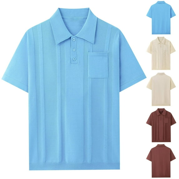 2 Pack Mens Knitted Shirts with Pocket Short Sleeve Button-Down Collared T-Shirts Casual Solid Color Breathable Stretchy Slim Lapel Tees Tops
