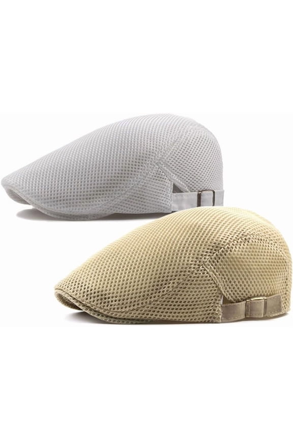 2 Pack Mens Mesh Flat Cap Breathable Summer Newsboy Hat Beret Cabbie Ivy Hat Gatsby Newsboy Hat for Driving Hunting
