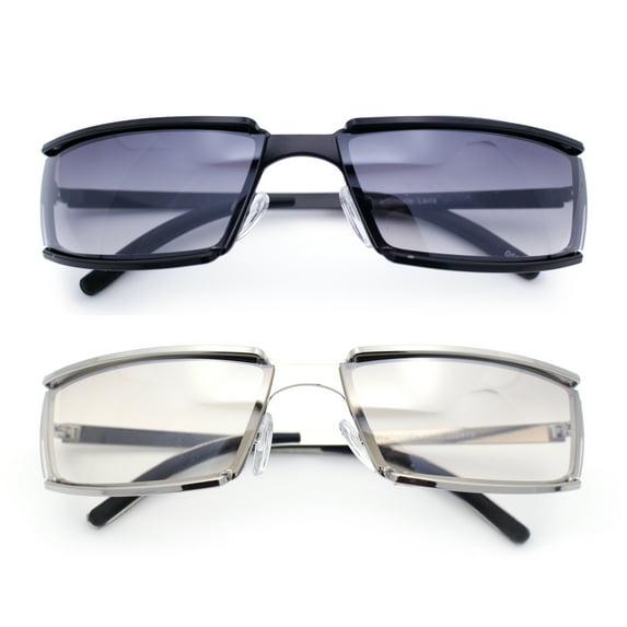 (2-Pack) Mens Narrow Wrap Rectangle Sport Mob Metal Rim Sunglasses 1 Black 1 Clear