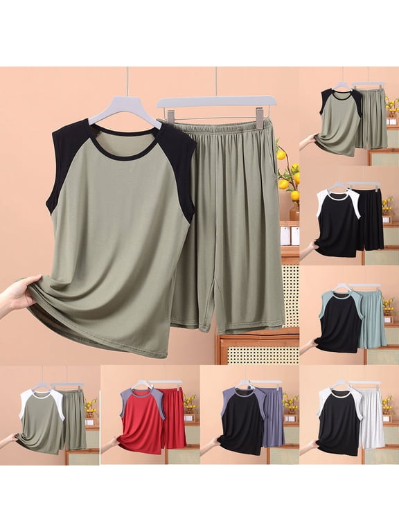 2 Pack Mens Pajamas Sets Big & Tall XL-5X Plus Size 2 Piece Soft Modal Sleepwear Tank Tops Shorts Color-Block Loungewear Set with Pockets