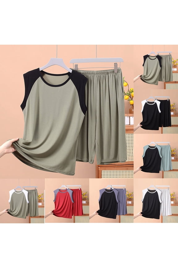 2 Pack Mens Pajamas Sets Big & Tall XL-5X Plus Size 2 Piece Soft Modal Sleepwear Tank Tops Shorts Color-Block Loungewear Set with Pockets