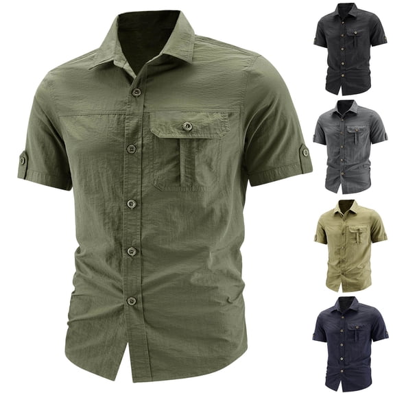 2 Pack Mens Plus Size Cargo Shirts with Pockets M-5X Quick-Drying Short Sleeve T-Shirts for Men Lightweight Button-Down Lapel Work Tees Tops