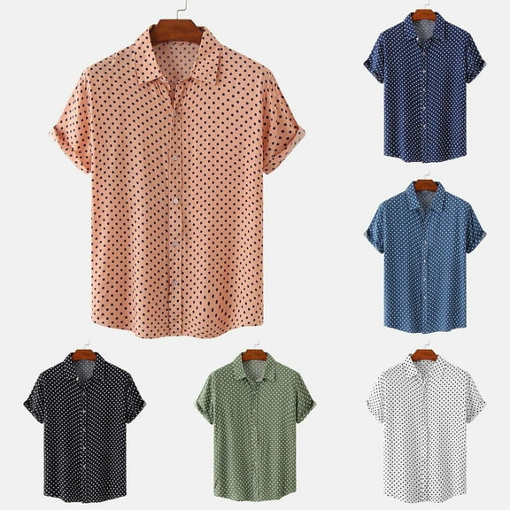 2 Pack Mens Shirts Cotton-Blend Short Sleeve Button-Down Collared Tshirts Shirts Mens Casual Polka Dot Printed Lightweight Loungewear Tees Tops