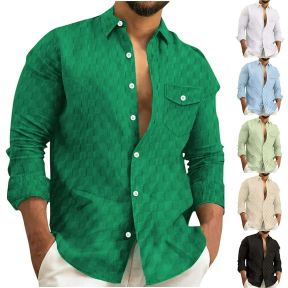 2 Pack Mens Shirts Long Sleeve T-Shirts with Pockets and Collar Casual Solid Color Checkered Breathable Lapel Going-Out Beach Tshirts Tops