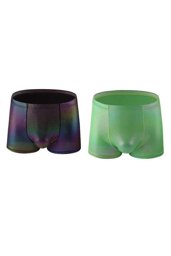 2 Pack Mens Underwear Trendy Shiny Stretchy Slim Mid Rise Boxer Briefs Casual Solid Comfort Breathable Bulge-Pouch Underpants