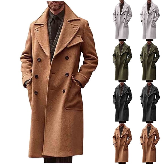 2 Pack Mens Woolen Trench Coats with Pockets and Collared Long Peacoats Trendy Double-Breasted Long Sleeve Solid Color Thermal Warm Business Work Jackets