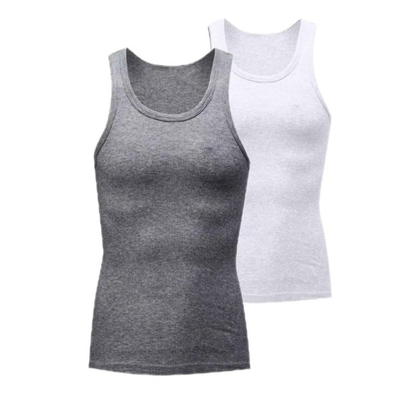 2 Pack Mens Workout Tank Tops Sleeveless Tight Athletic Shirts Comfort Running Gym Active Wear Crewneck Undershirt, Gray&White, XXL