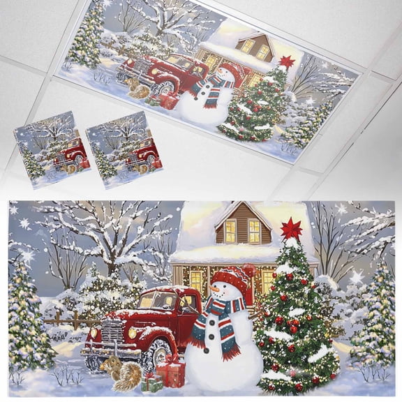 2 Pack Merry Christmas Fluorescent Light Covers for Ceiling Lights Xmas Tree Red Truck House Snowman Magnetic Ceiling Light Covers Overhead Light Filters for Office Classroom Home