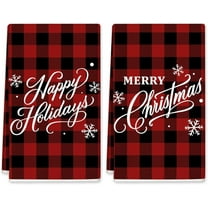 2 Pack Merry Christmas Kitchen Towel Buffalo Plaid Red Black Dish Towel Xmas Hand Drying Tea Towel for Winter Holiday Cooking Baking Cleaning Wiping, 18 x 26 Inch