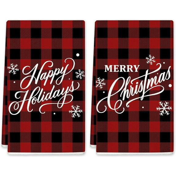 2 Pack Merry Christmas Kitchen Towel Buffalo Plaid Red Black Dish Towel Xmas Hand Drying Tea Towel for Winter Holiday Cooking Baking Cleaning Wiping, 18 x 26 Inch