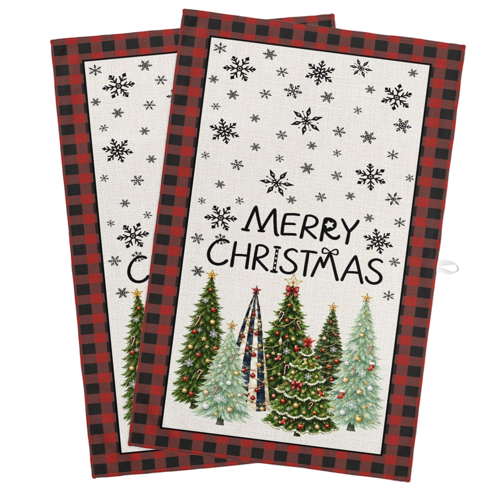 2 Pack Merry Christmas Tree Kitchen Towels Green Spruce Trees Snowflake ...