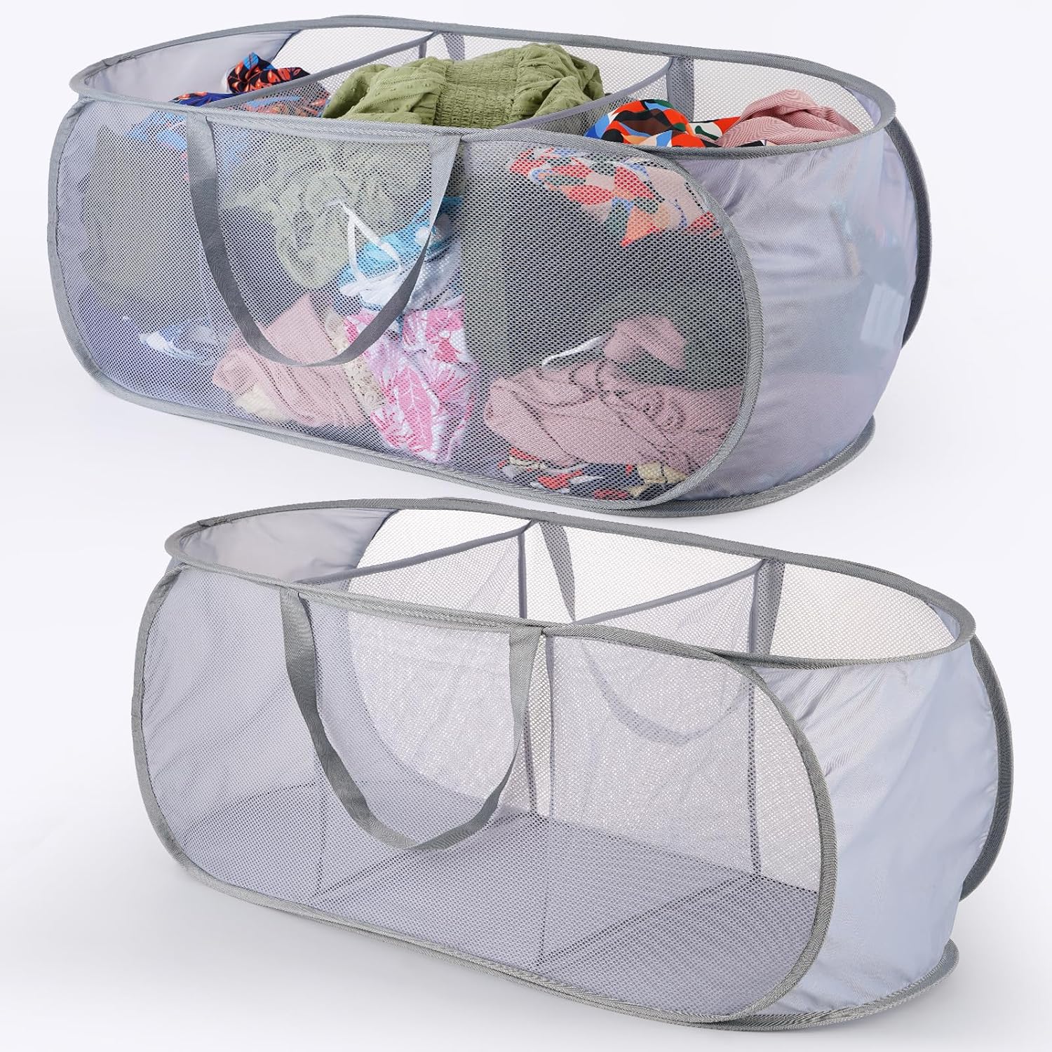 2 Pack Mesh Foldable Laundry Basket, 3 Compartments Pop Up Mesh Hamper
