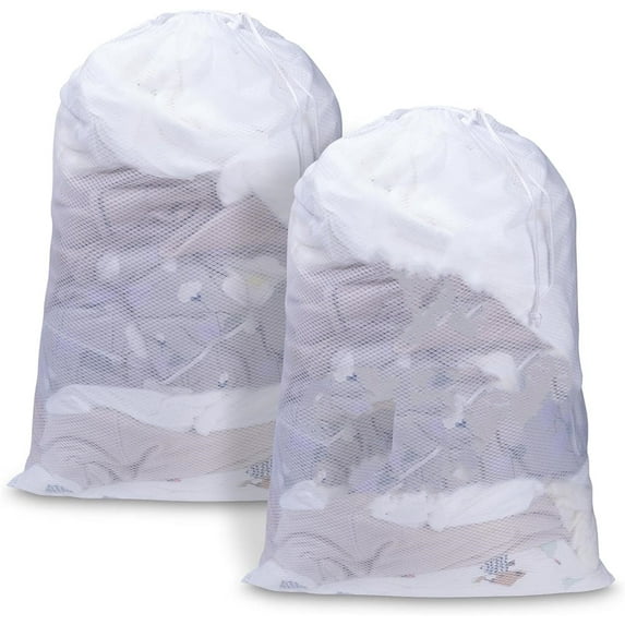 2 Pack Mesh Laundry Bags,Laundry Hamper Liner for Dirty Clothes,Reusable Laundry Bags with Drawstring Closure,Foldable Heavy Duty Large Laundry Bags for Home,Travel and Dorms,White,24x 36 in