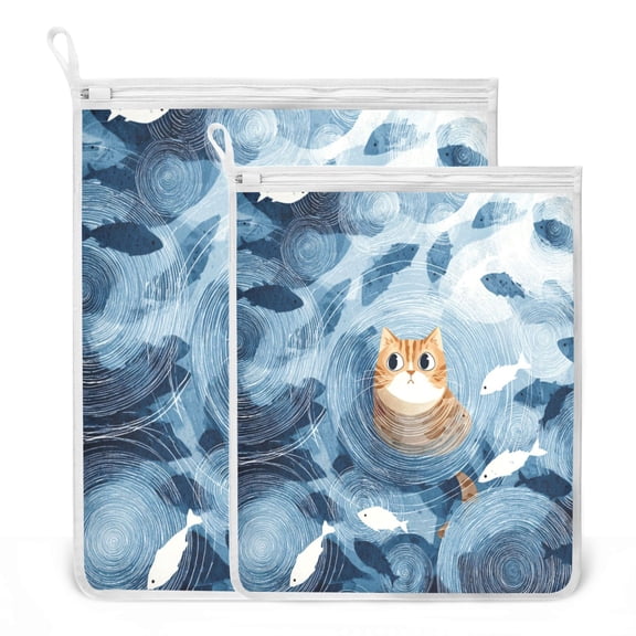 2-Pack Mesh Laundry Bags Sizes S/M Mesh Zipper Laundry Clothing Wash Bags Cat Is Surrounded by Fish