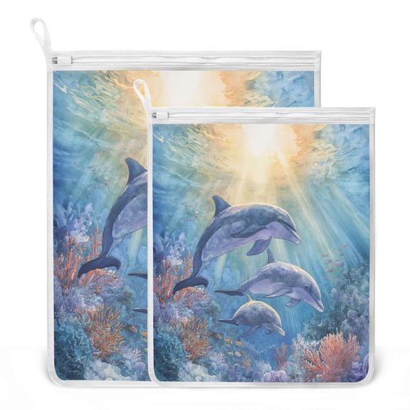 2 Pack Mesh Laundry Bags Sunlit Dolphin Pod Print Durable Polyester Wash Bags with Zipper 2 Sizes Reusable Delicates Bag for Washing Machine Travel Storage