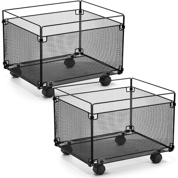 2 Pack Mesh Rolling File Carts with Wheels Hanging Files Metal File Crate Organizer Black Rolling Organizer Foldable Storage Cart Box for Folders Office Supplies, Black, 15" x 13" x 10"