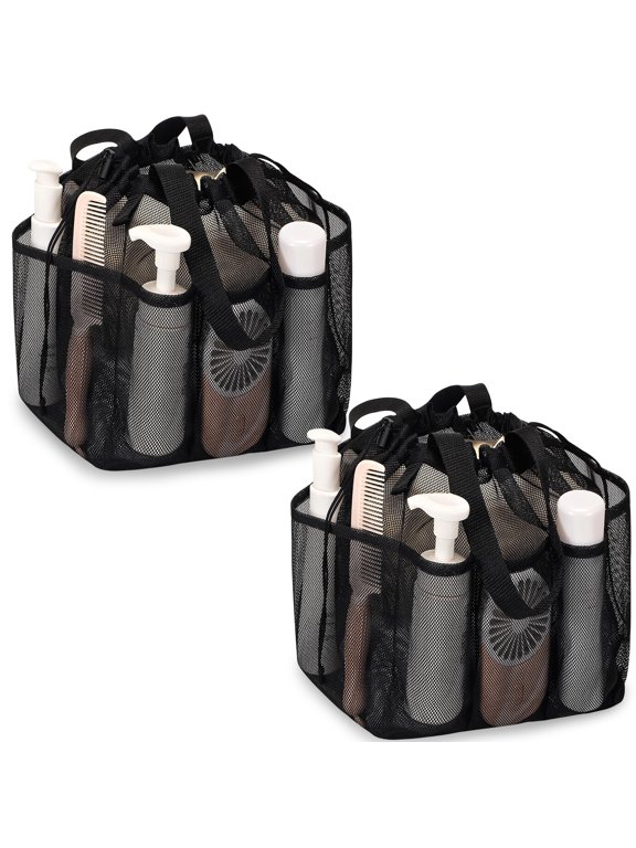2 Pack Mesh Shower Caddy Bag, Portable Quick-Dry Bath Organizer with 7 Pockets, Drawstring Toiletry Tote for the Gym, Dorm, and Travel