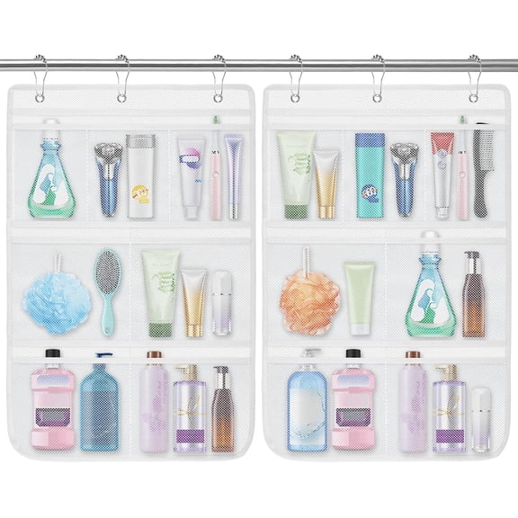 2 Pack Mesh Shower Caddy Hanging Organizer with 7 Pockets, Quick Dry Bathroom Storage Bag, Cruise Cabin and Dorm Essentials for Travel, Toiletry Organizer for Shampoo Soap