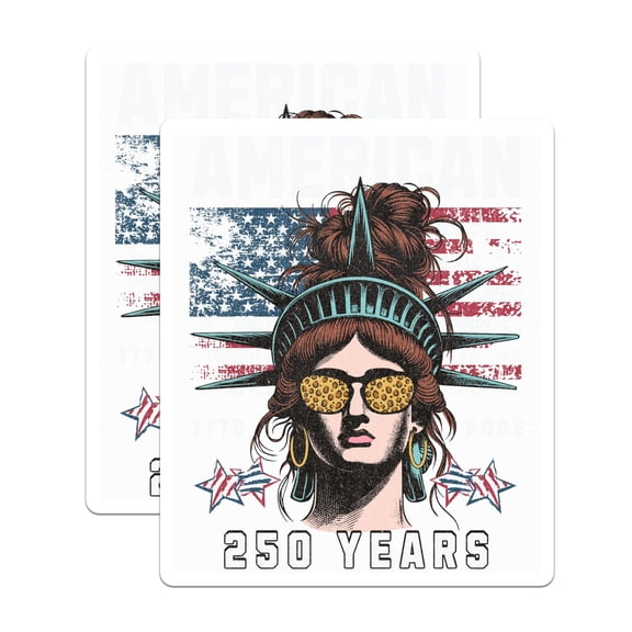 (2 Pack) Messy Bun Lady Liberty Stickers - Distressed American Flag Patriot Decals - USA 250 Years 2026-5" On Longest Side - Sticks to Smooth Flat Surfaces - Made in USA - BMCS28055