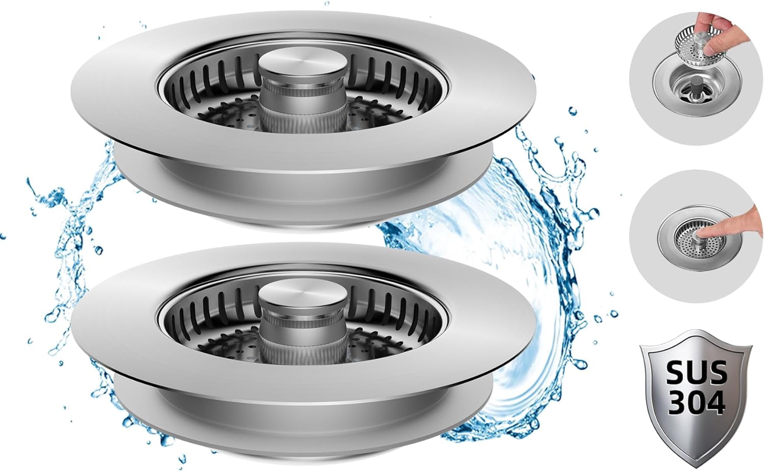 2 Pack All Metal 3 in 1 Kitchen Sink Drain Strainer and Stopper Combo ...