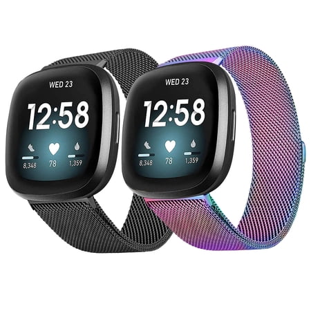 2 Pack Metal Bands Compatible With Fitbit Versa 3/ Versa 4/Fitbit Sense 2/Fitbit Sense for Women Men, Adjustable Bracelet Strap Stainless Steel Mesh Magnetic Replacement Wristband for Fitbit Versa 3