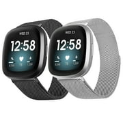 POHNUI 2 Pack Metal Bands Compatible With Fitbit Versa 3/ Versa 4/Fitbit Sense 2/Fitbit Sense for Women Men, Adjustable Bracelet Strap Stainless Steel Mesh Magnetic Replacement Wristband for Fitbit Versa 3