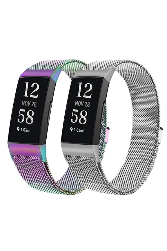 2 Pack Metal Bands Compatible With Fitbit Charge 4/Charge 3/Charge 3 SE, Adjustable Stainless Steel Mesh Loop Magnetic Clasp Wristbands Replacement Strap For Women Men