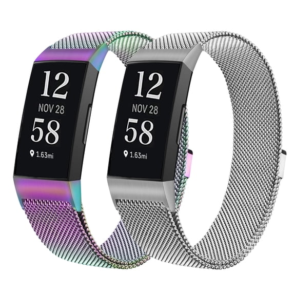 2 Pack Metal Bands Compatible With Fitbit Charge 4/Charge 3/Charge 3 SE, Adjustable Stainless Steel Mesh Loop Magnetic Clasp Wristbands Replacement Strap For Women Men