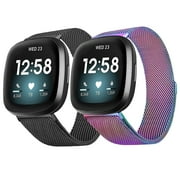 POHNUI 2 Pack Metal Bands Compatible With Fitbit Versa 3/ Versa 4/Fitbit Sense 2/Fitbit Sense for Women Men, Adjustable Bracelet Strap Stainless Steel Mesh Magnetic Replacement Wristband for Fitbit Versa 3