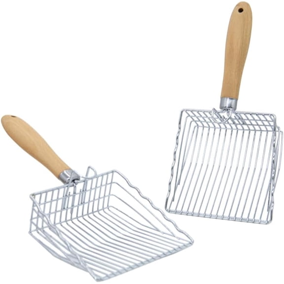 2 Pack Metal Cat Litter Scoops, Heavy-Duty Kitty Scooper with Hook, Stainless Steel Kitten Poop Lifter for Litter Box, Speed Sifter with Comfortable Beech Wood Grip | 2 Pack Metal Cat Litter Scoops