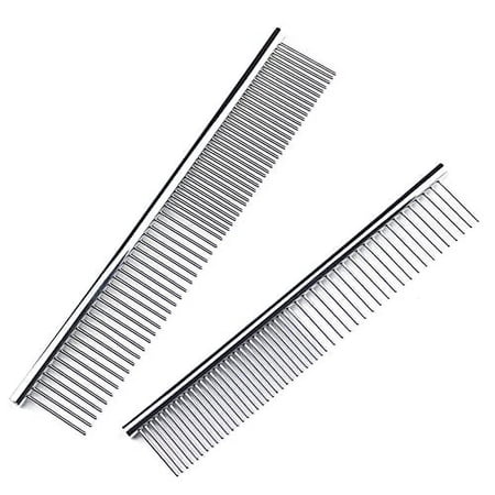 2 Pack Metal Dog Combs For Grooming,Pet comb with Rounded Ends Stainless Steel Teeth, Cat Comb for Removing Tangles and Knots