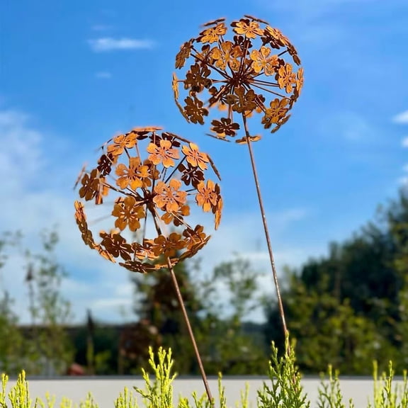2 Pack Metal Flower Stakes for Outside, 3D Rusty Metal Plants Garden Statues Yard Art, Outdooor Decorative Garden Stake for Flower Bed Lawn Balcony Flower Pot