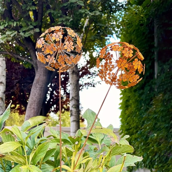 2 Pack Metal Flower Stakes for Outside, 3D Rusty Metal Plants Garden Statues Yard Art, Outdooor Decorative Garden Stake for Flower Bed Lawn Balcony Flower Pot