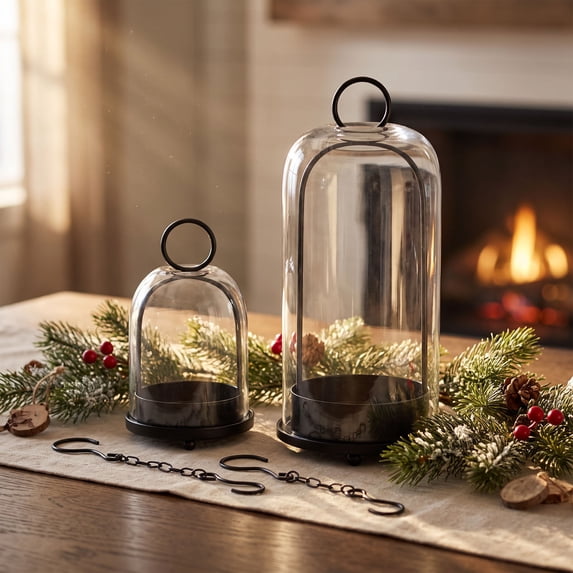 2 Pack Metal Frame Glass Cloche Candle Holders, Vintage Hanging Jar Display, Decorative Candle Cover for Christmas, Birthday, Wedding, Table Centerpiece and Home Decor