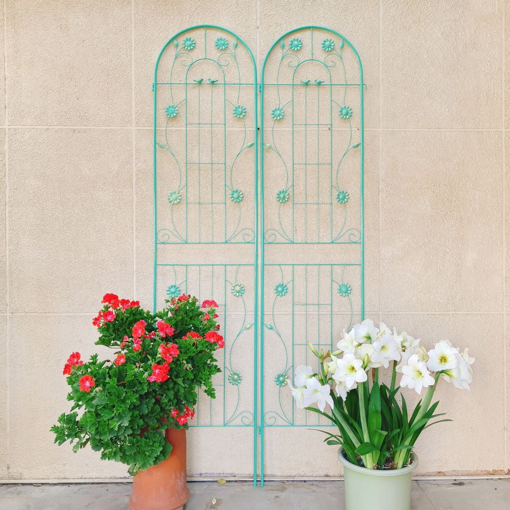 2 Pack Metal Garden Trellis, 19.7×86.7 Inch Galvanized Powder Coated Plant Support with Bird Leaf Flower Decor, Rustproof Easy Assembly Climbing Trellis for Rose Vine Cucumber
