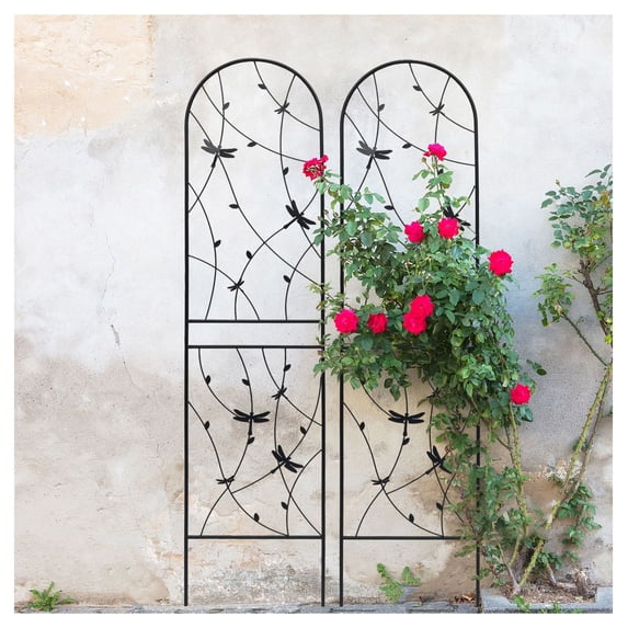 2 Pack Metal Garden Trellis 86.7" x 19.7" Rustproof Trellis for Climbing Plants Outdoor Flower Support Dragonfly Deco Black
