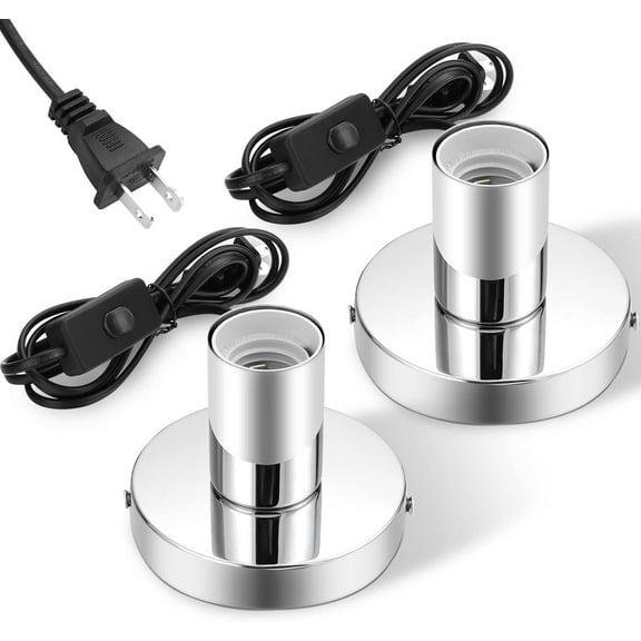 2 Pack Metal Lamp Base with E26/E27 Sockets , 6FT Cord On/Off Switch, Polished Desktop Bulb Holder for Night Light Replacement