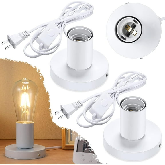 2 Pack Metal Lamp Base with E26/E27 Sockets , 6FT Cord On/Off Switch, Polished Desktop Bulb Holder for Night Light Replacement