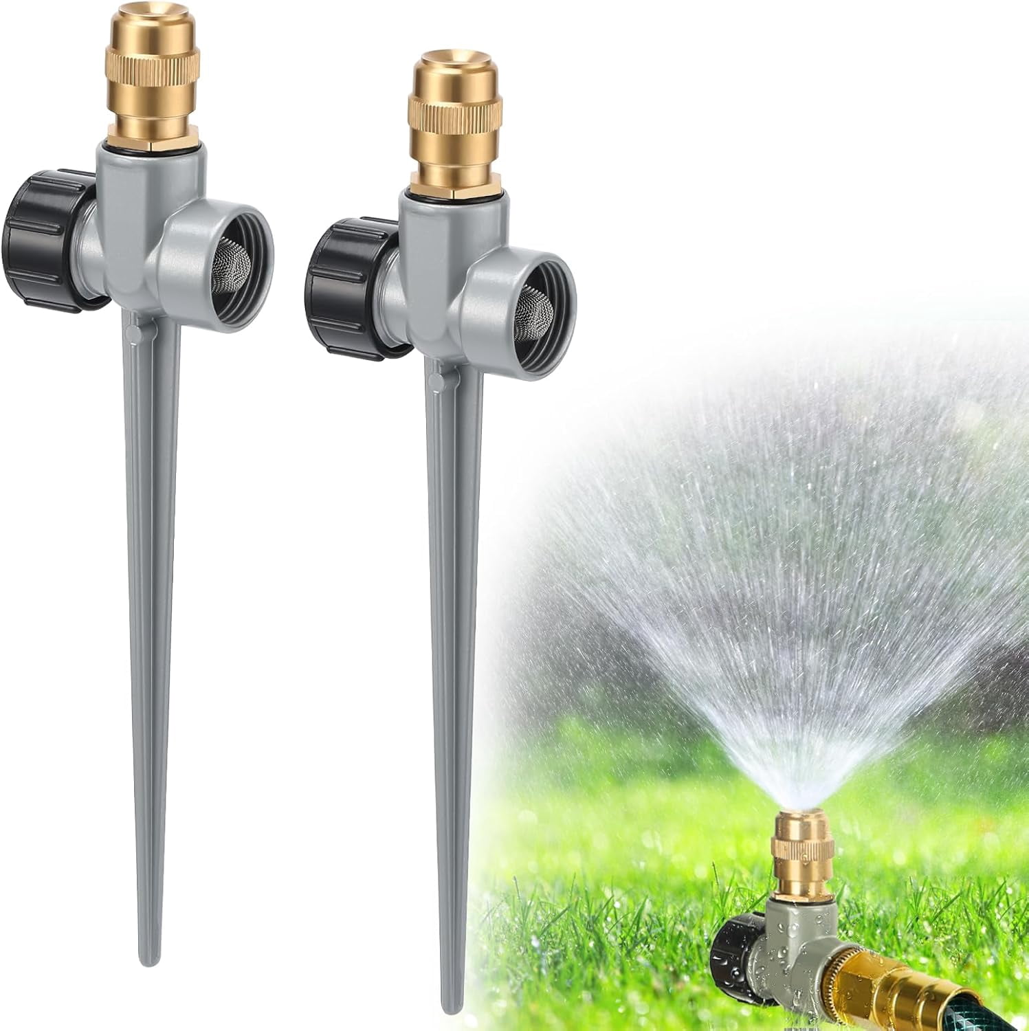 2 Pack Metal Lawn Sprinklers for Yard - 360° Coverage Water Sprinklers, Adjustable Brass Nozzle with Aluminum Alloy Spike Base Small Garden Irrigation