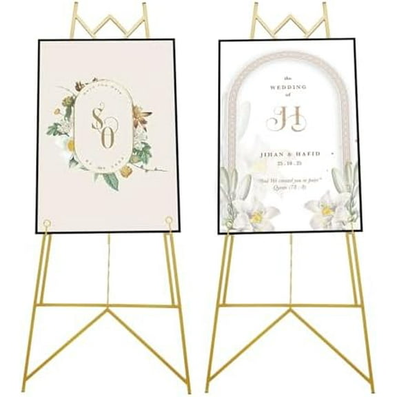 2 Pack Metal Portable Floor Easel Stand for Decorative Display Gold Adjustable Inclination Large Wedding Easel Stand with 4X Adjustable Hooks (48 * 110cm)